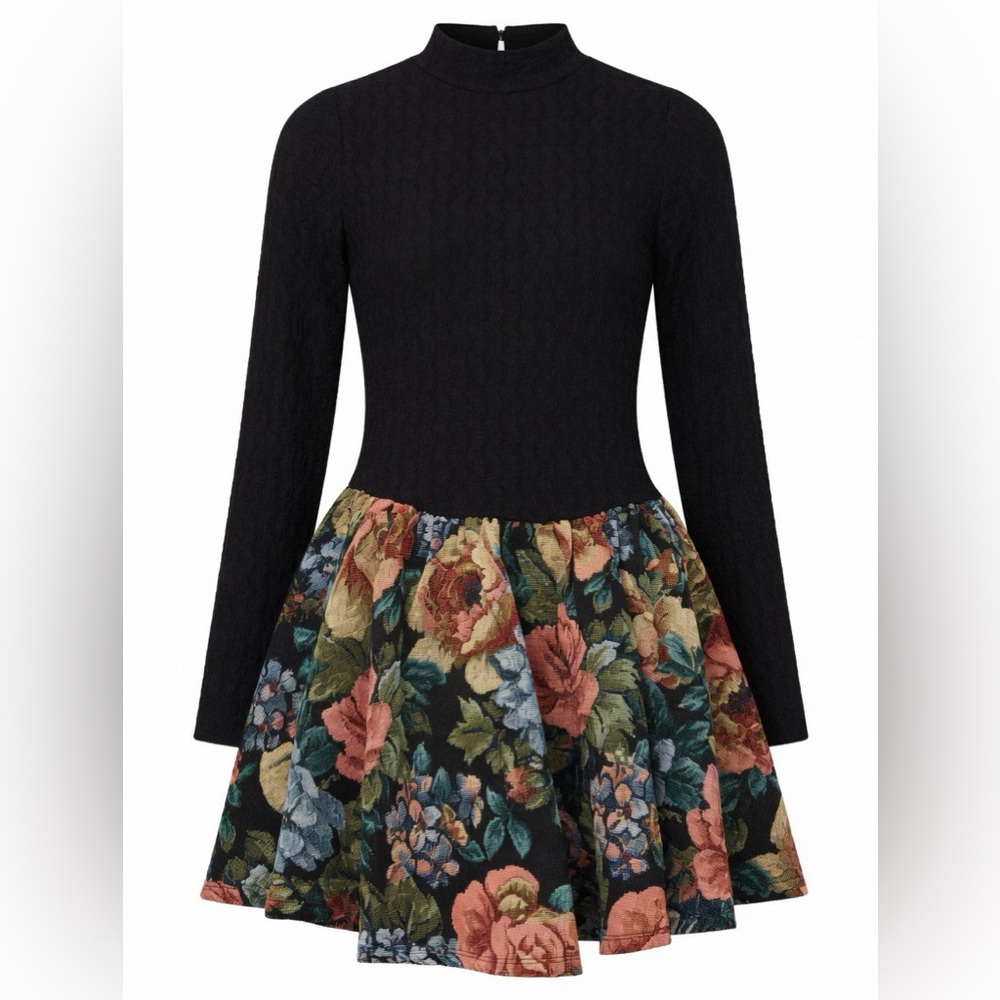 Promesa Black Long-Sleeve Mini Dress with Multicolor Floral Skirt